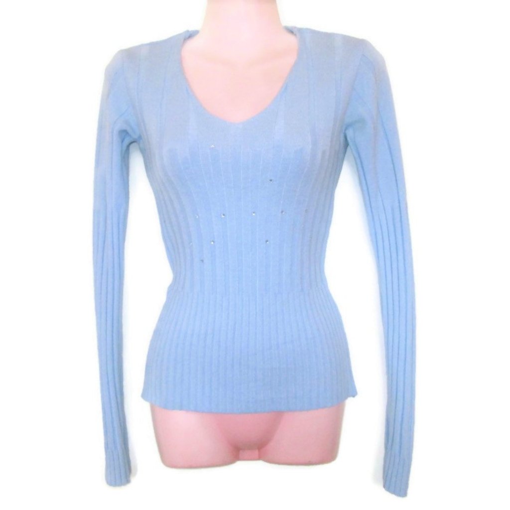 1990s Vintage Sexy Pastel Blue Rhinestones Sweater Size Extra Small Xs